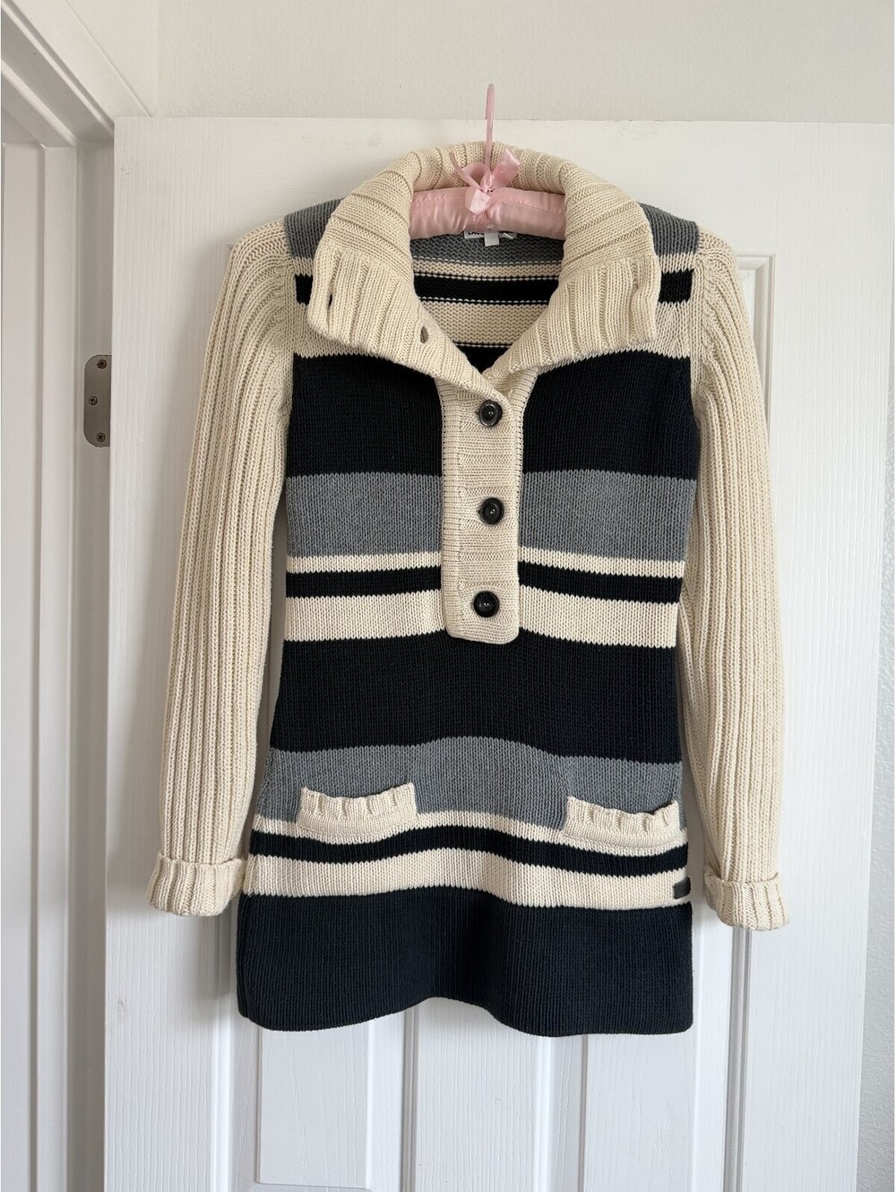 Lacoste Y2K Chunky Knit Striped Henley Tunic Sweater Size 36 EUC